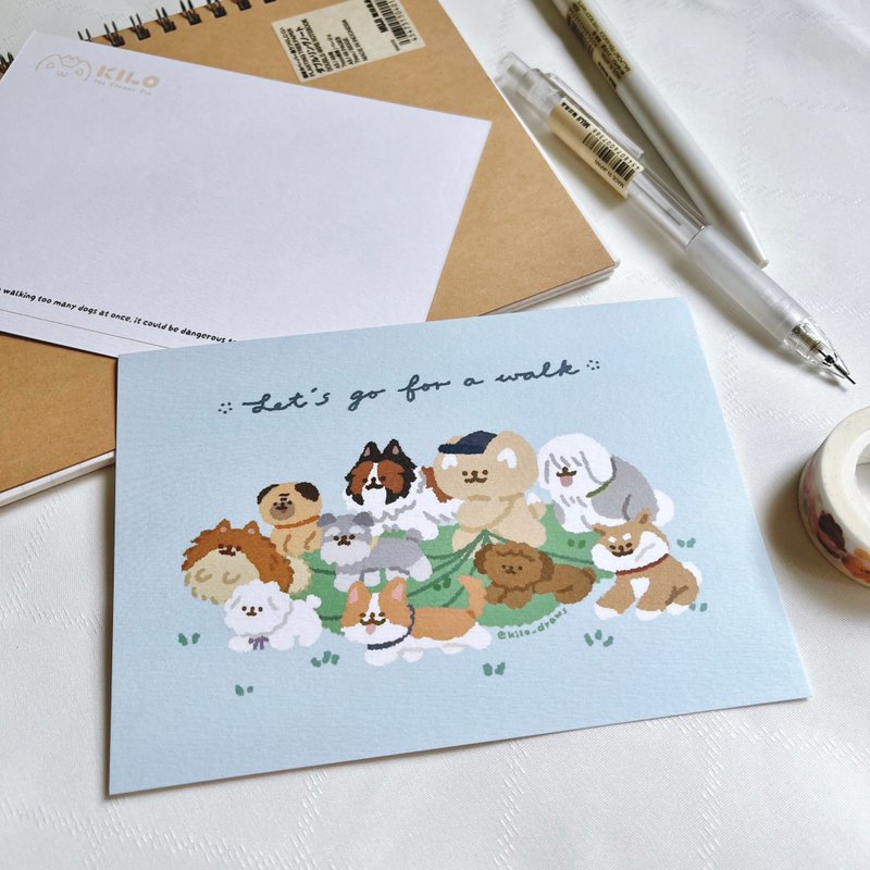 KILO Illustration Postcard | Dog Walking Time - การ์ด/โปสการ์ด - กระดาษ สีน้ำเงิน