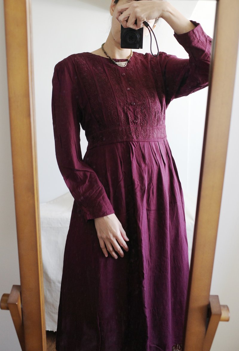 Vintage 酒紅美國刺繡裝飾洋裝 - 洋裝/連身裙 - 其他人造纖維 