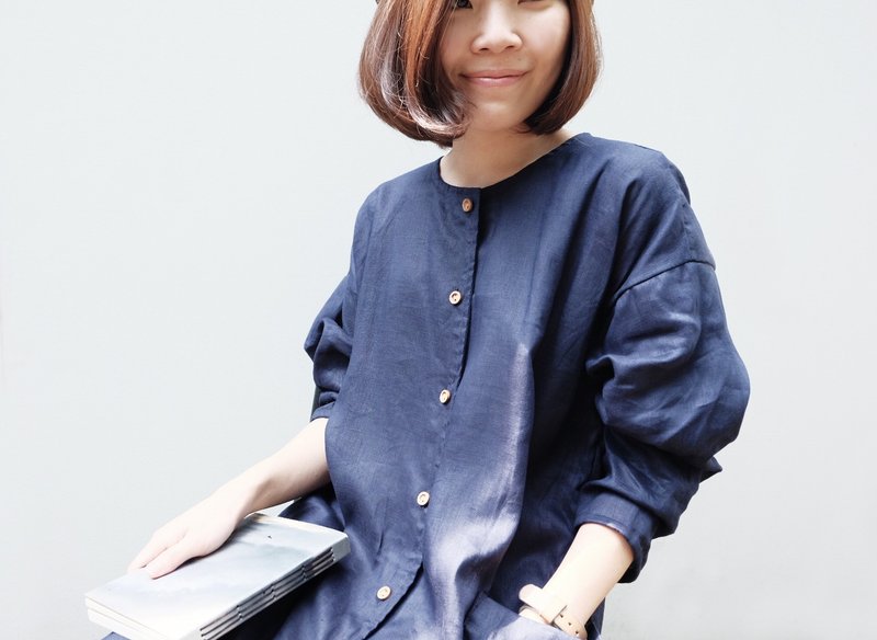 Belle Dress - Navy Linen - ชุดเดรส - ผ้าฝ้าย/ผ้าลินิน สีน้ำเงิน