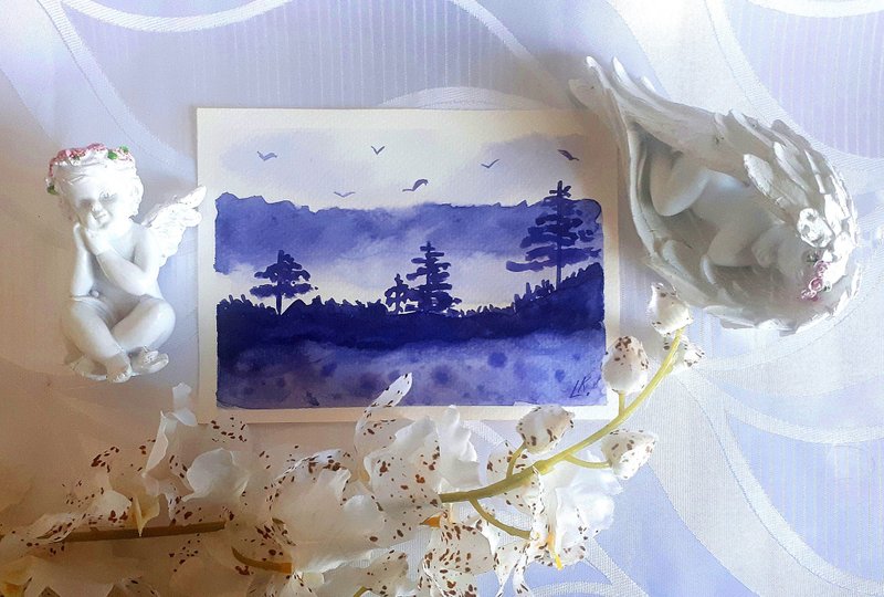 Misty Lilac Forest Watercolor Art Trees Landscape Abstract Painting - ตกแต่งผนัง - กระดาษ หลากหลายสี