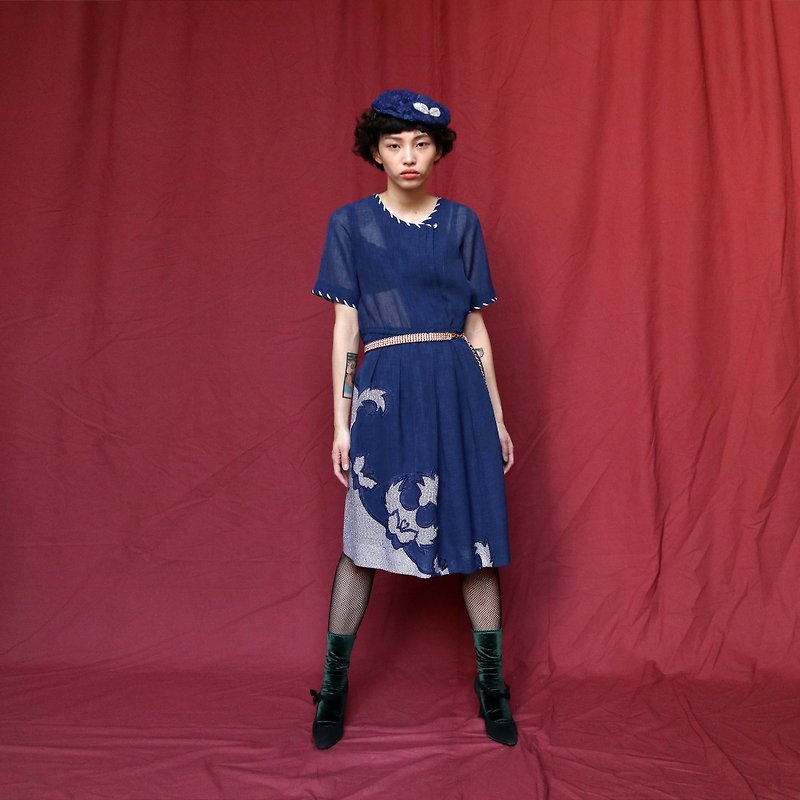 Pumpkin Vintage. Ancient dark blue round neck cotton and linen dress - One Piece Dresses - Cotton & Hemp Blue