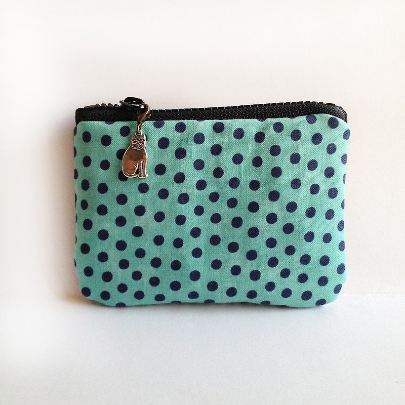 Blooming blue-green micro-sided little stripes kitty purse strap - Coin Purses - Cotton & Hemp Green