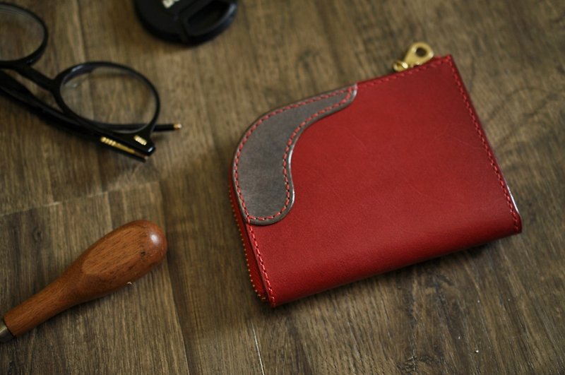 L zipper purse dark red + gray [European vegetable tanning / limited / hand sewn] [17008] - กระเป๋าใส่เหรียญ - หนังแท้ สีแดง
