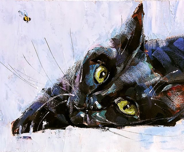 オリジナル絵画 油彩 黒猫 2021年春の - 絵画