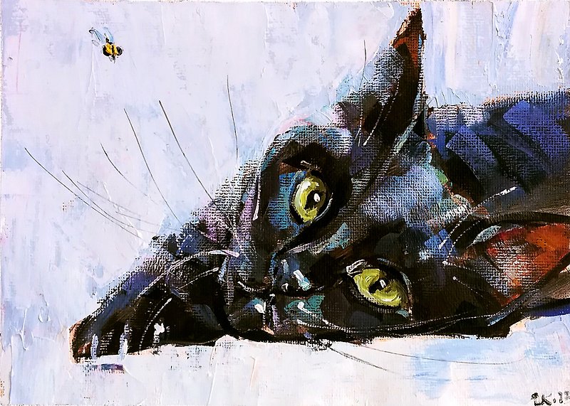 Black Cat Oil Painting Original Art Animal Pet Portrait MADE TO ORDER - 海報/掛畫/掛布 - 其他材質 多色