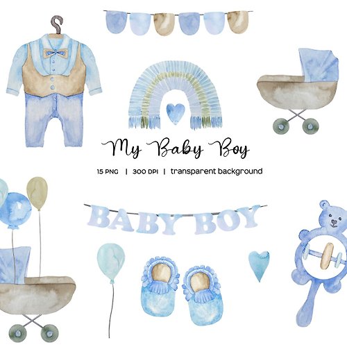 Art and Funny Watercolor baby boy birth announcement. Its a boy clipart
