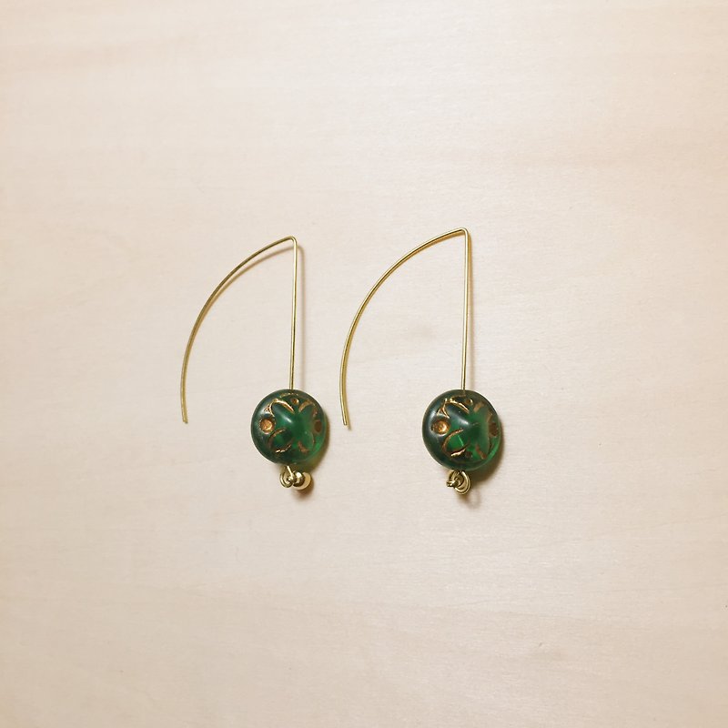Vintage dark green glazed linear earrings - ต่างหู - กระจกลาย สีเขียว