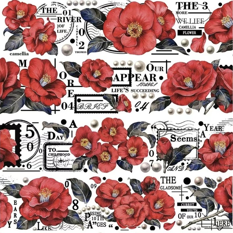 Camellia retro toon flower and postmark PET paper tape - Washi Tape - Other Materials Red