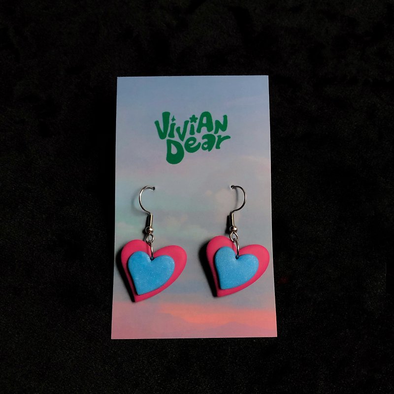 Soft Pottery Earrings Double Layer Small Heart Peach Blue - Earrings & Clip-ons - Pottery Purple