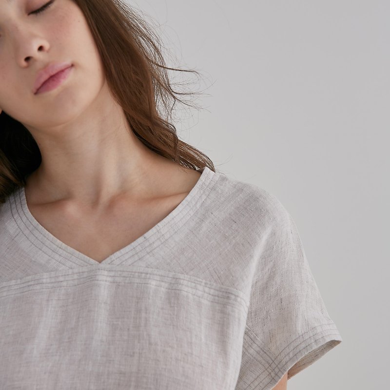 Stitched V-neck top with small sleeves-vanilla white - Women's Tops - Cotton & Hemp White