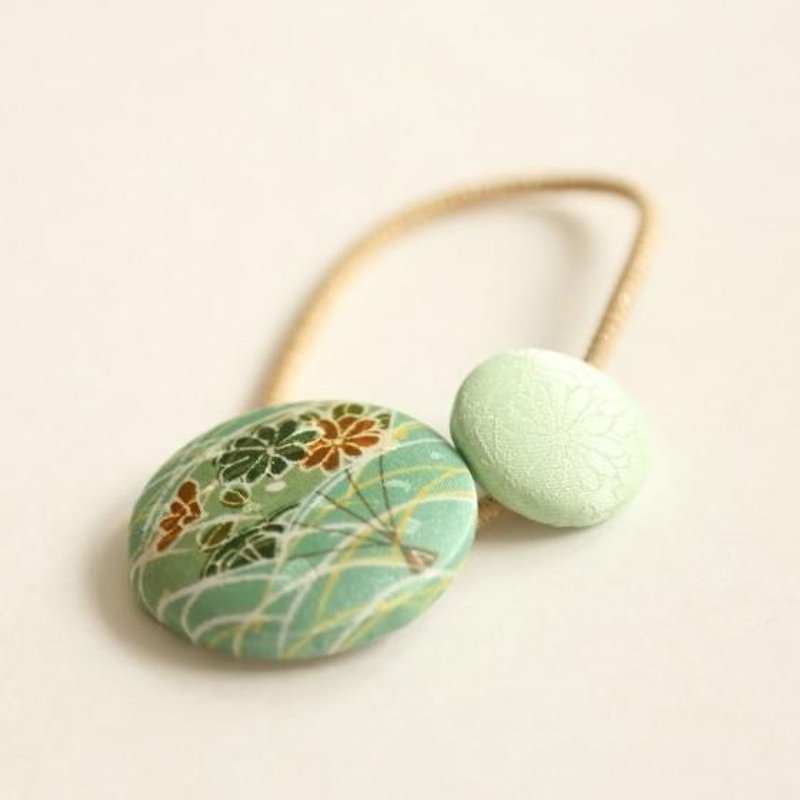 Happy hair ornament Kimono hair rubber 1 piece <Chrysanthemum Fresh Green> - Hair Accessories - Cotton & Hemp Green