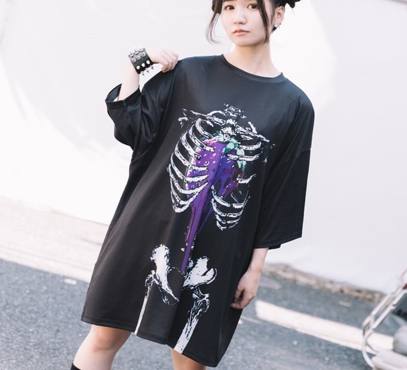 ポイズンベリーキャンディ リブプリント オーバーサイズ ゆったり 半袖Tシャツ ダークパンク 原宿【パープル】 - Tシャツ - ポリエステル 