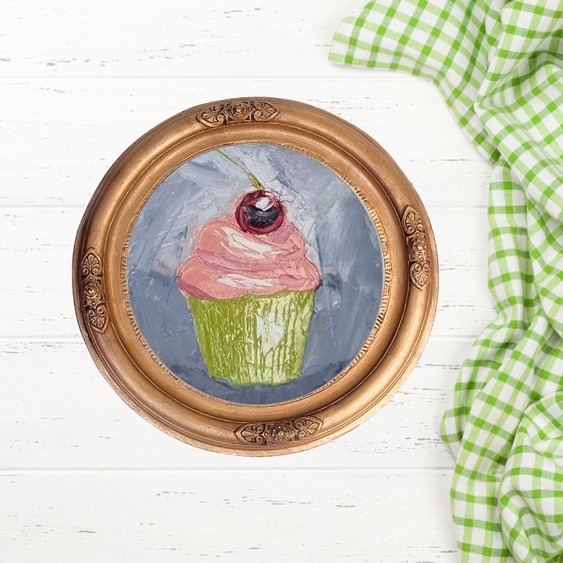 Cupcake Oil Painting Muffin Original Round Artwork Unframed 10 cm - วาดภาพ/ศิลปะการเขียน - วัสดุอื่นๆ หลากหลายสี