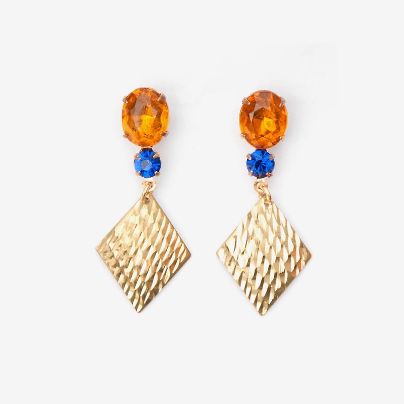 Vintage Orange Glass Crystal and Brass Diamond Earrings,Post Earrings, Clip On Earrings - Earrings & Clip-ons - Other Metals Orange
