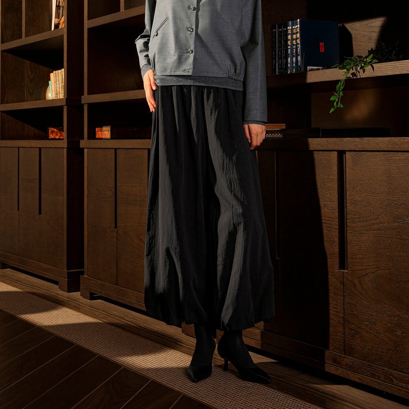 鬆緊收口燈籠褲 - 女長褲 - 棉．麻 黑色