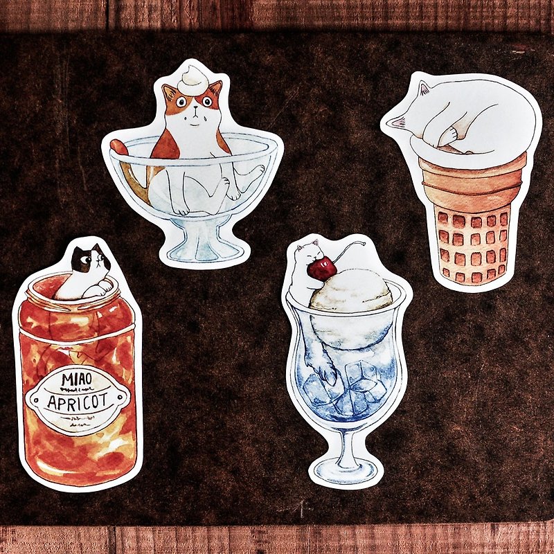Cat food waterproof stickers / apricot jam / steal cat / floating ice cream / cone - Sticker - สติกเกอร์ - กระดาษ หลากหลายสี