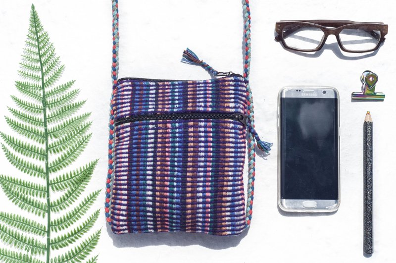 Hand-woven cloth mobile phone sets storage bag ticket holder leisure card sets side backpack - purple rainbow stripes color - เคส/ซองมือถือ - ผ้าฝ้าย/ผ้าลินิน สีม่วง