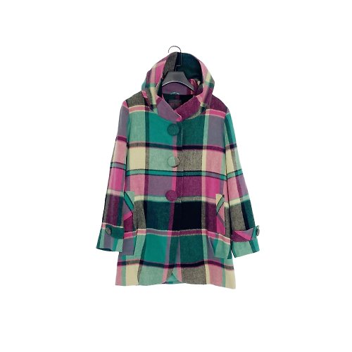 蘿綺莉蕾芭索 二手 綠紫黑配色 格紋 毛料 口袋 造型半連帽 外套 大衣 OPME14