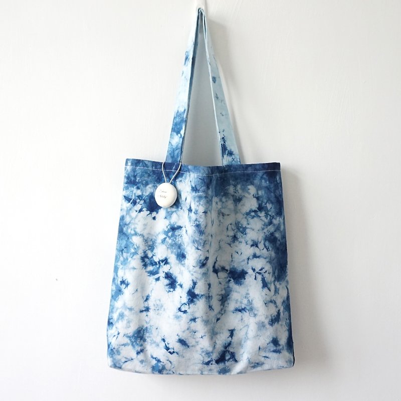 S.A x Sky, Indigo dyed Handmade Natural Pattern Tote Bag (L) - Messenger Bags & Sling Bags - Cotton & Hemp Blue