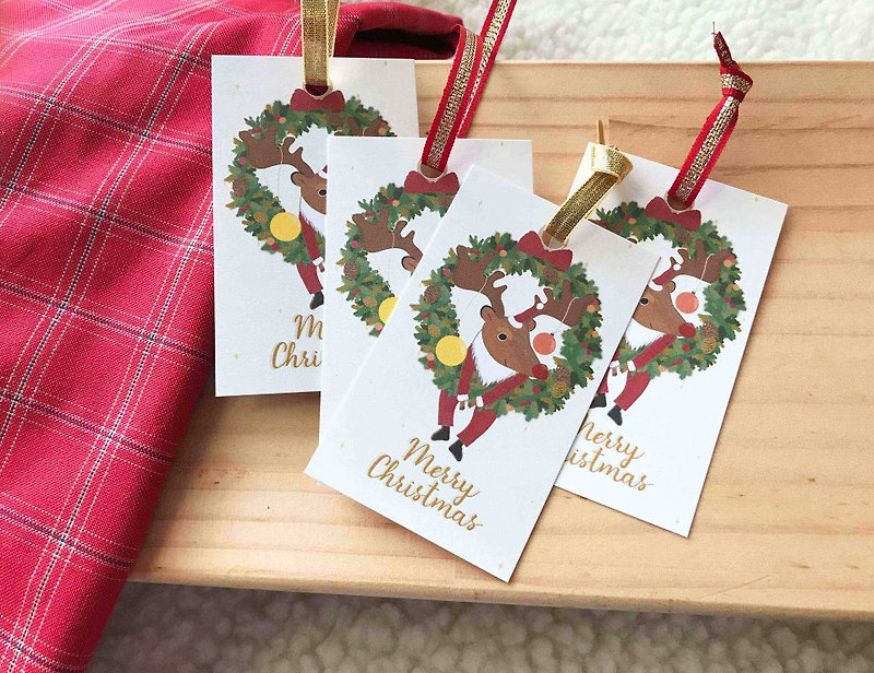 聖誕麋鹿禮物小卡(一組4入) 小卡片 禮物吊卡 吊牌 聖誕卡 - 卡片/明信片 - 紙 多色