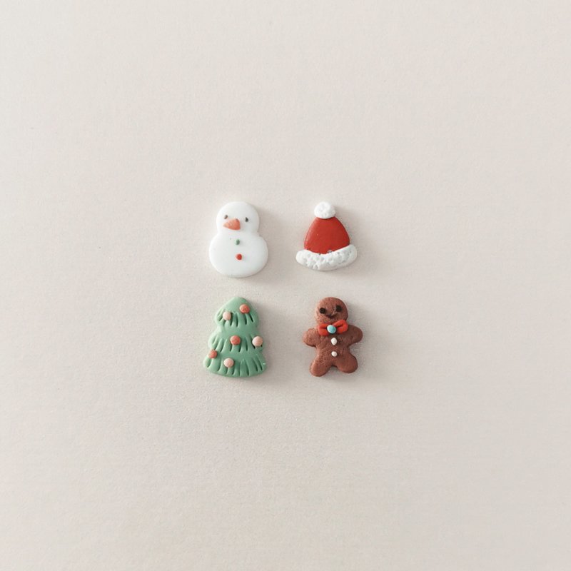 bi winter//聖誕樹雪人薑餅人聖手工軟陶小耳釘套裝set of 4 - 耳環/耳夾/耳骨夾 - 黏土 多色