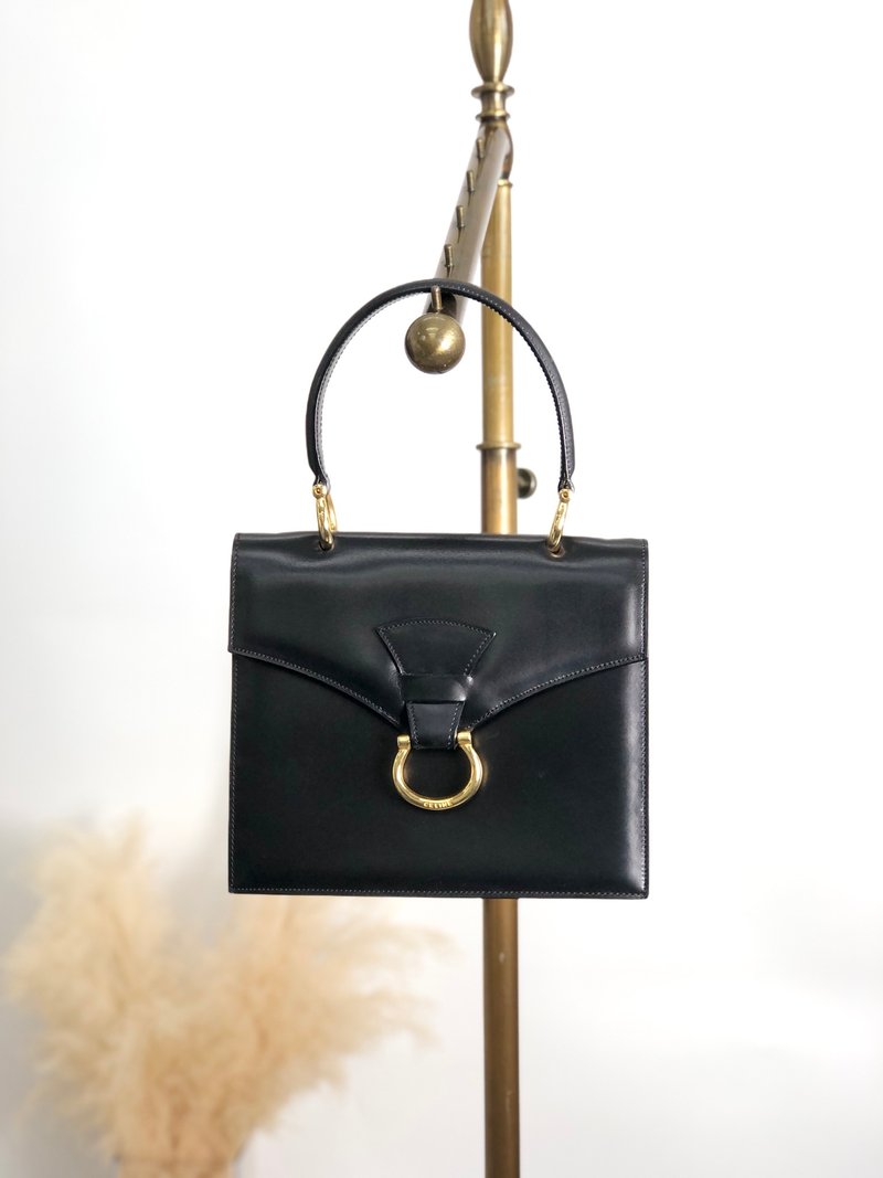 【 日本直送　名牌中古包 】CELINE セリーヌ ハンドバッグ ブラック ホースビット レザー トップハンドル vintage ヴィンテージ b2e5yr - 手提包/手提袋 - 真皮 黑色