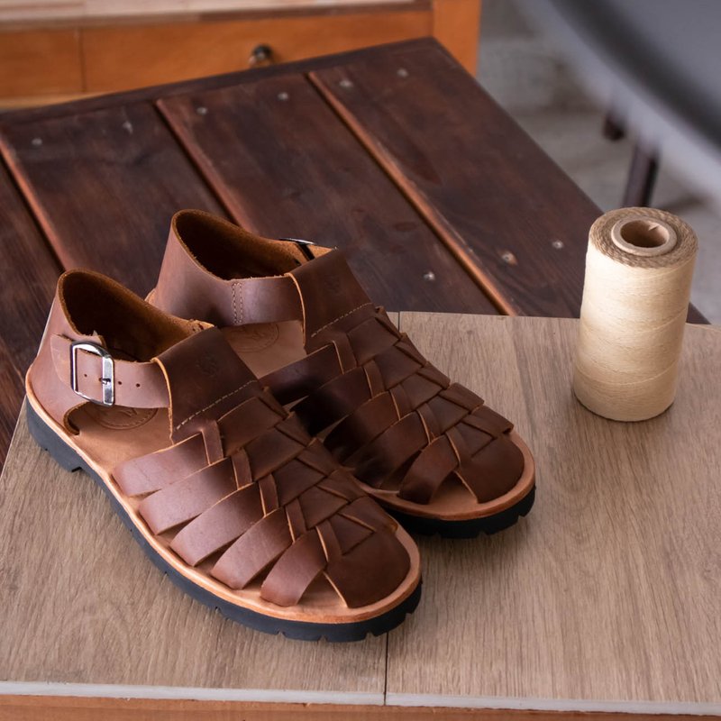 High-grade vegetable tanned leather hand-woven Roman sandals_smoky coffee couple shoes 22-29 size - รองเท้าหนังผู้หญิง - หนังแท้ สีนำ้ตาล