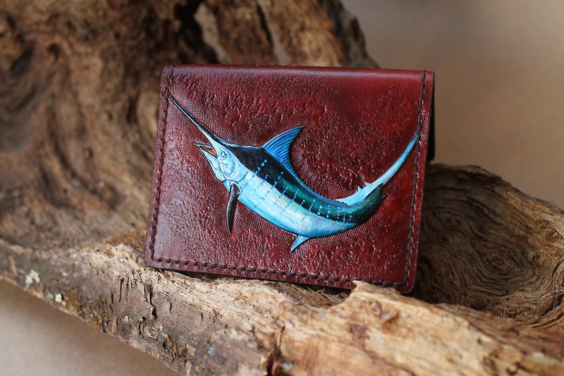 Leather card holder, hand tooled leather card case with marlin fish