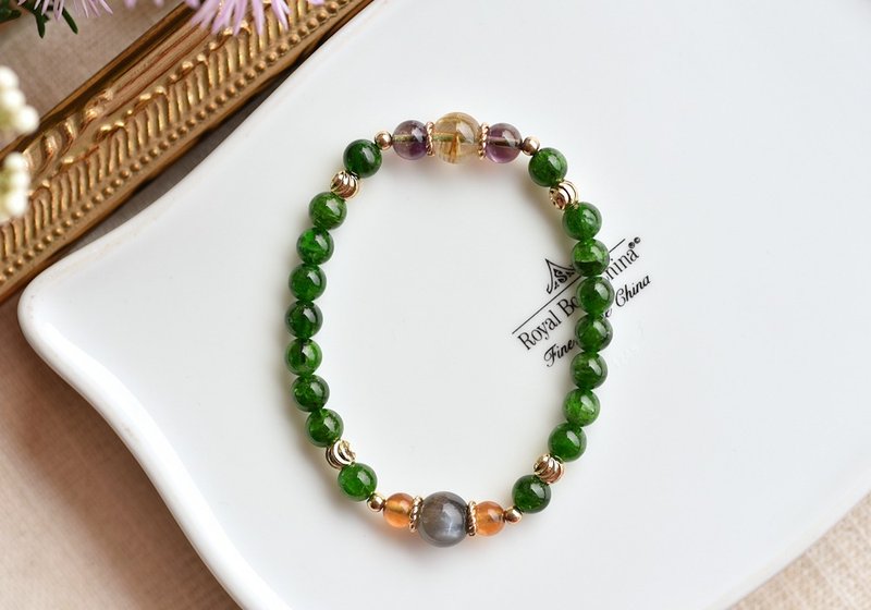 Chrome Diopside + Aurora Crystal + Titanium Crystal + Black Stone Bronze Plated Crystal Bracelet - สร้อยข้อมือ - คริสตัล สีเขียว