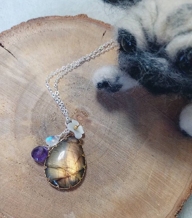 Stone number L02 yellow glazed stone gold-plated side, fritillaria, 6mm blue moon stone 5MM amethyst, 925 sterling silver necklace labradorite, motherpeal 925 silver necklace - สร้อยคอ - เครื่องเพชรพลอย สีเหลือง