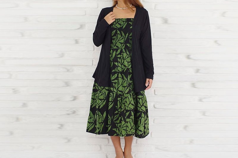 Batik Leaf Pattern Tiered Dress <Green> - ชุดเดรส - วัสดุอื่นๆ สีเขียว