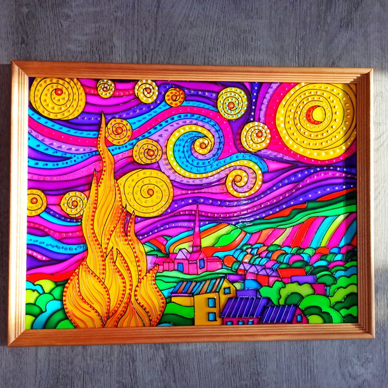 ヴィンセントヴァンゴッホ星月夜手描きの有名な芸術ステンドグラス虹の装飾 - ウォールデコ・壁紙 - ガラス 多色