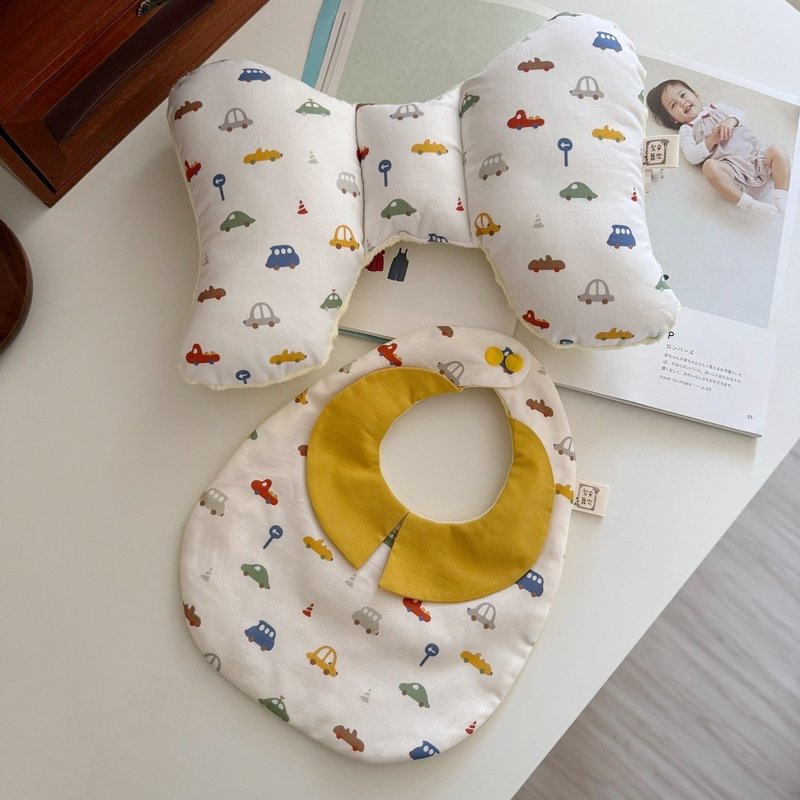 Mustard yellow Korean organic cotton toy car baby gift butterfly pillow bib full moon gift full moon gift box - ของขวัญวันครบรอบ - ผ้าฝ้าย/ผ้าลินิน 