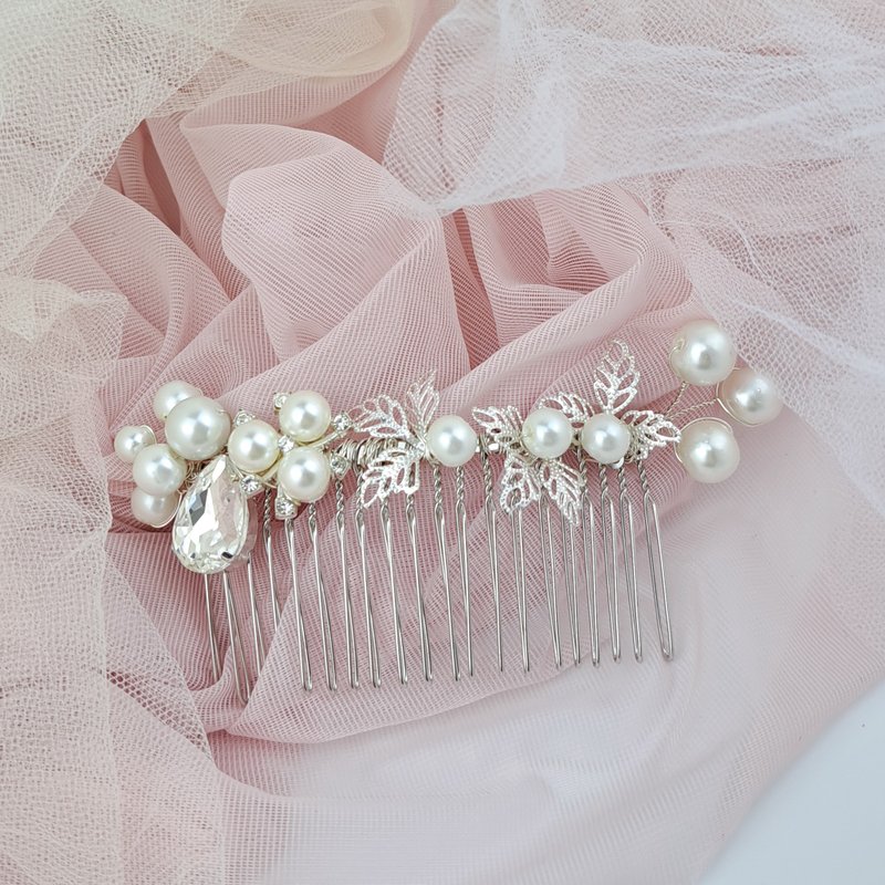 Pearl Rhinestone Hair Comb Bridal Head Flower Banquet Headdress Hair Accessories [Noble and Elegant Style] WH022 - Hair Accessories - Silk White