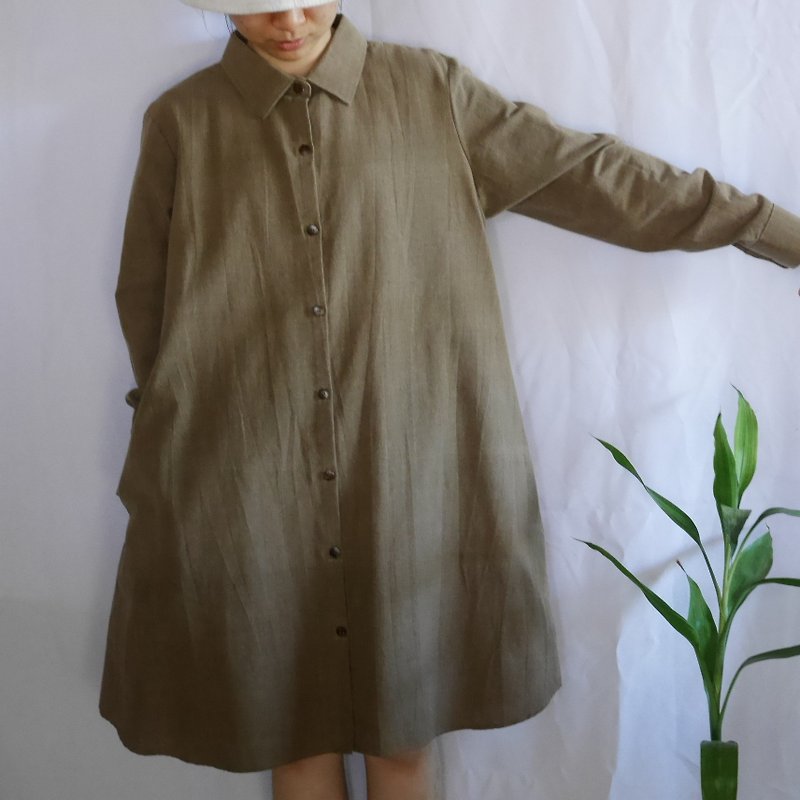 hand-woven cotton fabric with natural dyes long-sleeve shirt dress Y14 - ชุดเดรส - ผ้าฝ้าย/ผ้าลินิน 
