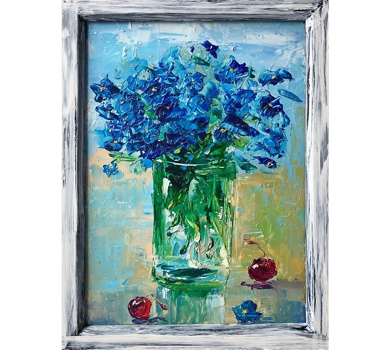 Blue flowers Bouquet Painting Original wall Art - โปสเตอร์ - วัสดุอื่นๆ สีน้ำเงิน