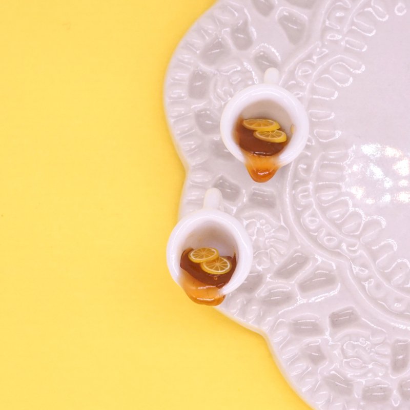 ** Playful Design** UV Resin Miniature Hot Lemon Tea Earrings/Ear Clips ** - ต่างหู - ดินเหนียว สีกากี