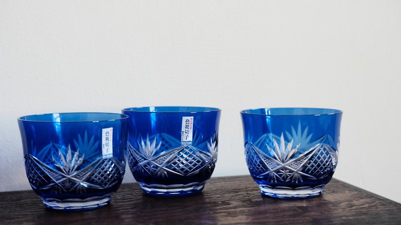 日本昭和色被切子籠目紋玻璃杯 - 杯子 - 玻璃 藍色