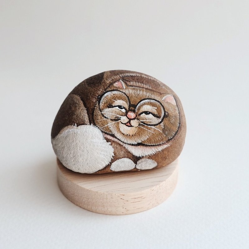Cat stone painting original art. - 公仔模型 - 石頭 咖啡色