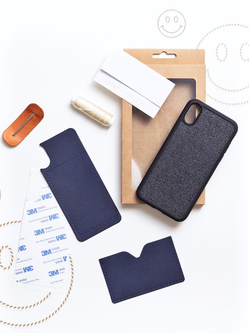 Leather credit card phone case DIY material bag iPhone15 Plus Xs Max engraved daily necessities - เครื่องหนัง - หนังแท้ สีน้ำเงิน