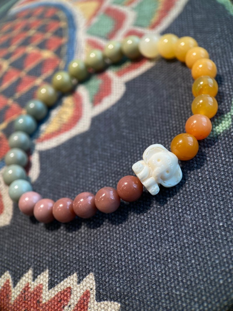 天然阿拉善瑪瑙+布偶小飛象猛獁象牙 漸變糖果 手串手鏈 - 手鍊/手環 - 半寶石 
