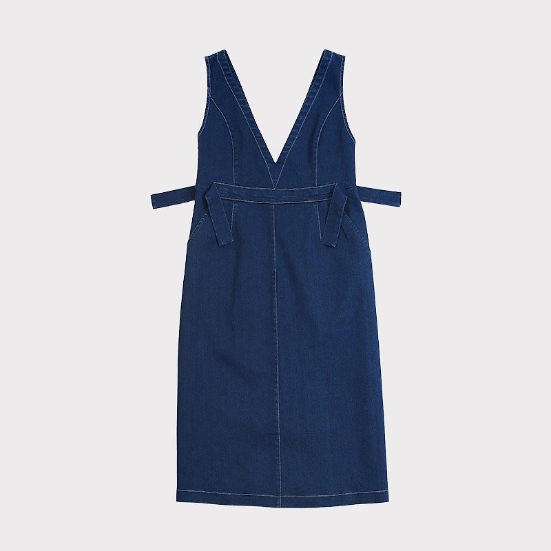 Large V collar cotton denim dress - ชุดเดรส - ผ้าฝ้าย/ผ้าลินิน สีน้ำเงิน