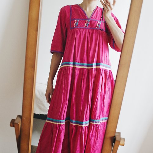 玉枝古著 Vintage 70s 印度製棉質拼布裝飾洋裝