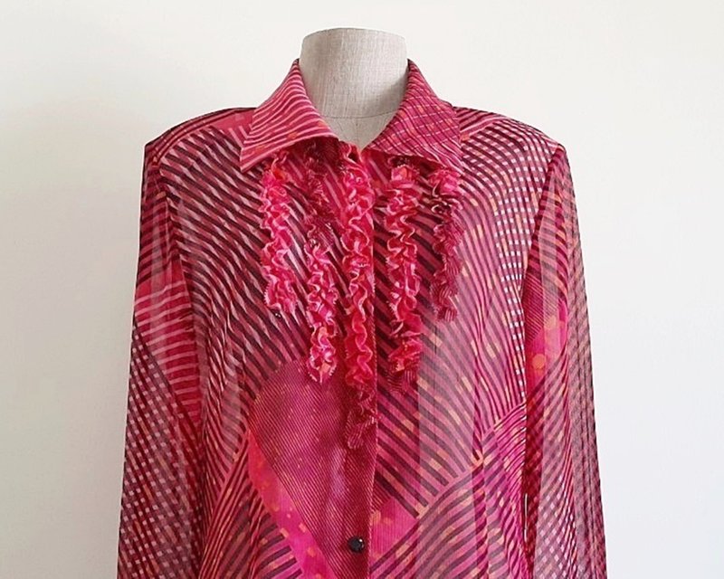 Medium Vintage Black Pink Striped Sheer Chiffon Blouse Womens Ruffle Shirt M - เสื้อผู้หญิง - เส้นใยสังเคราะห์ สึชมพู