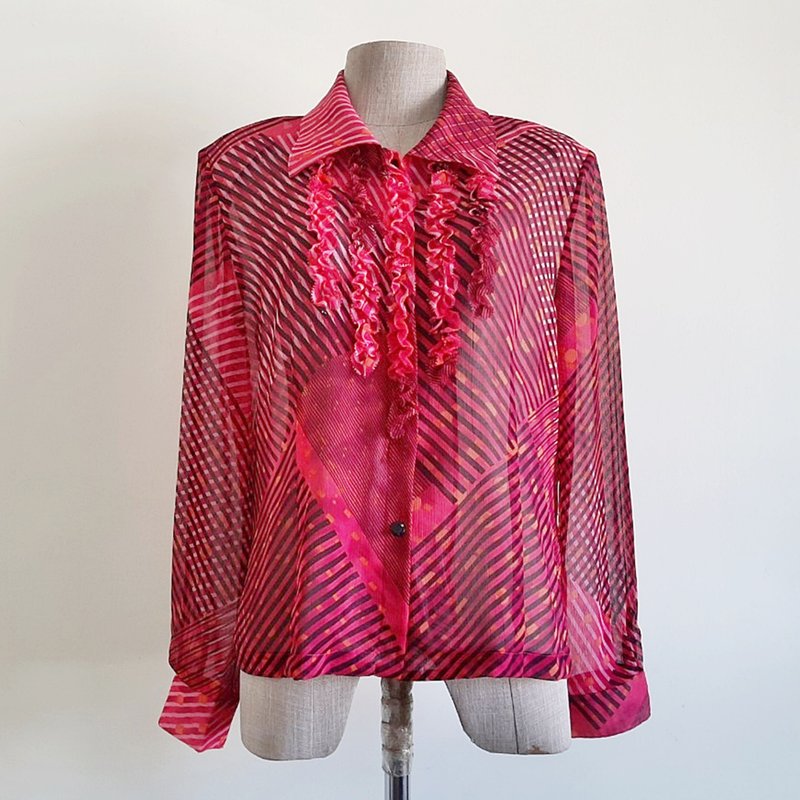 Medium Vintage Black Pink Striped Sheer Chiffon Blouse Womens Ruffle Shirt M - 女上衣/長袖上衣 - 聚酯纖維 粉紅色