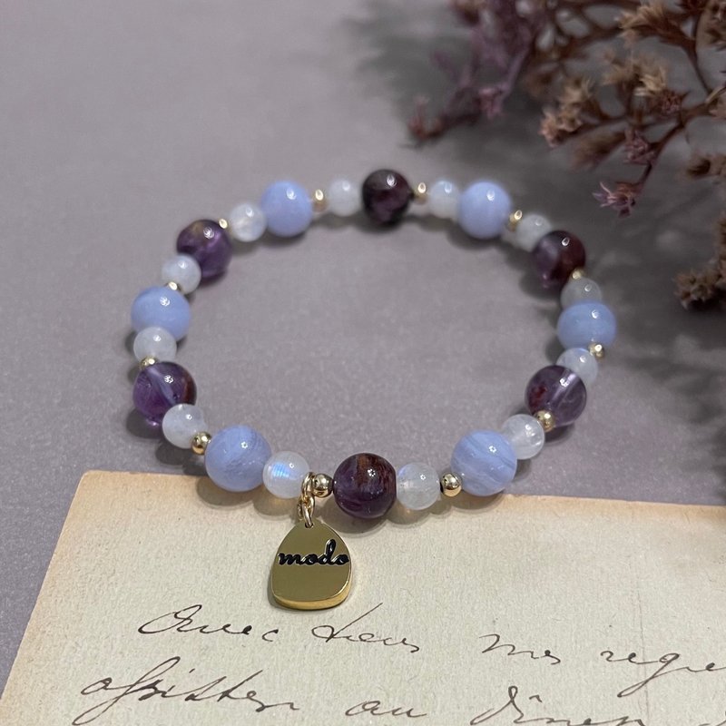 ll Soft purple moonlight ll 14kgf gold-filled natural stone bracelet - moonstone blue agate amethyst titanium crystal - สร้อยข้อมือ - เครื่องประดับพลอย หลากหลายสี