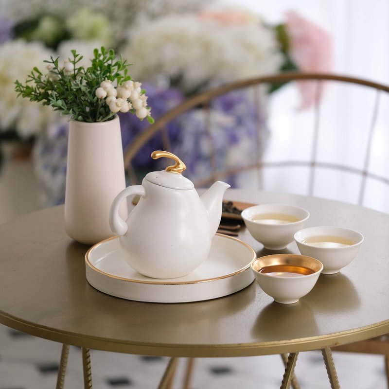 陶作坊│凝金皓玉兔壺組(1壺2杯1茶盤附1金杯) - 茶壺/茶杯/茶具 - 其他材質 白色
