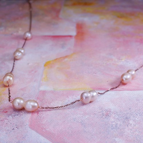 Edith Art & Jewellery 孿生 - 13x8mm 花生形 粉紅色 珍珠 銀電 18K玫瑰金 頸鍊