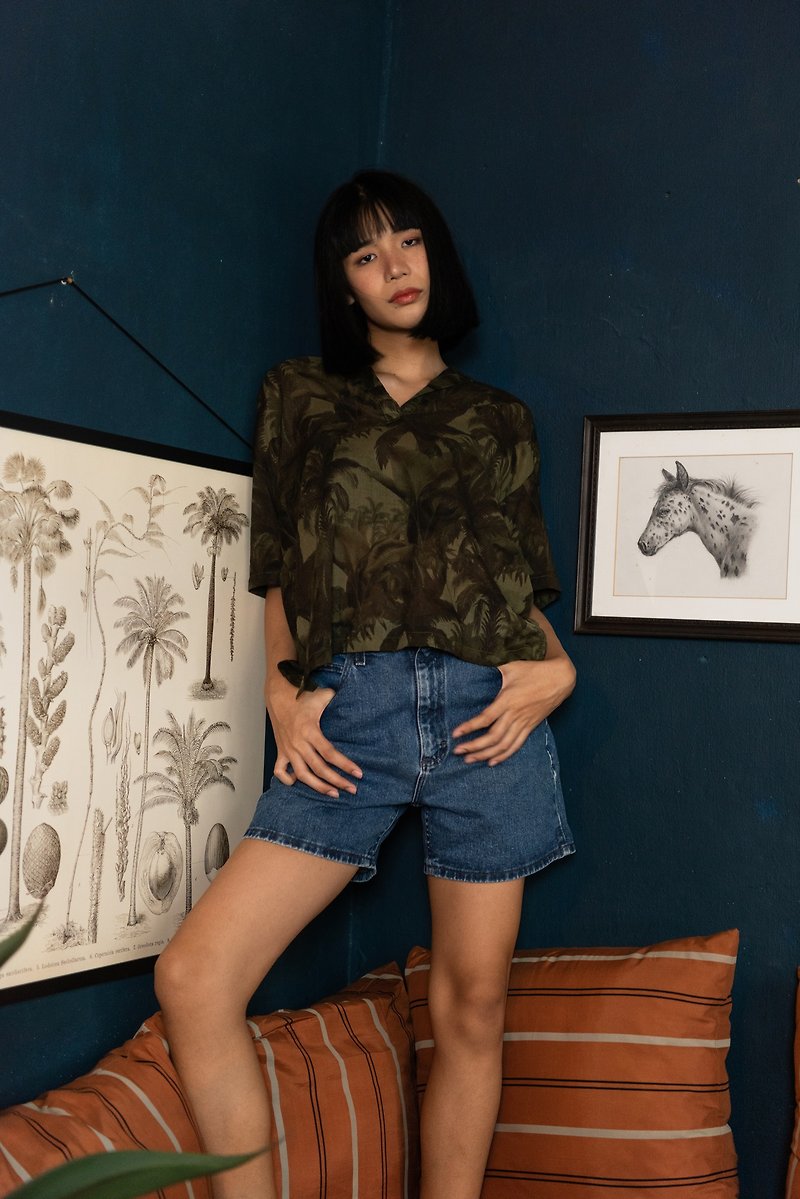 Polo Placket Blouse, Printed Cotton Muslin, Loose fit, Olive green - 恤衫 - 棉．麻 綠色