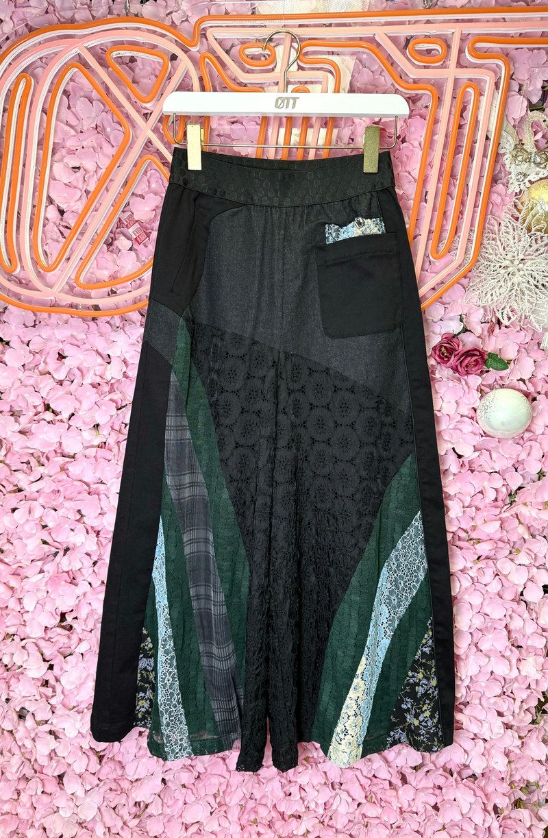 OTT unique•Japanese black and green denim patchwork wide pants - Women's Pants - Cotton & Hemp Black